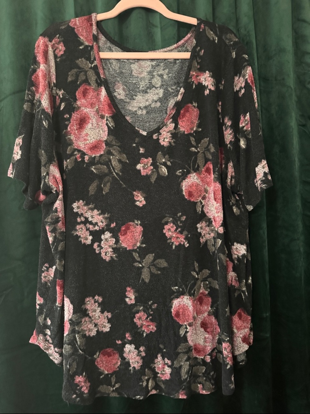 Women's Black Floral V-Neck Tunic Top with Pink Roses